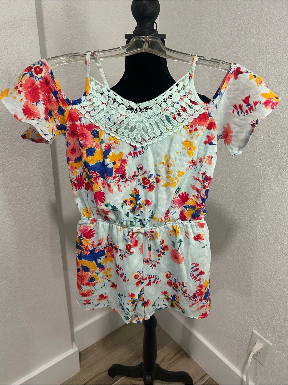 paper doll Light Blue Floral Cold-Shoulder Romper with Crochet Yoke